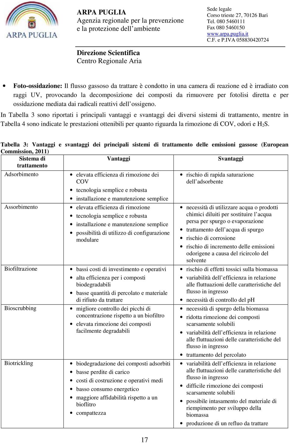 In Tabella 3 sono riportati i principali vantaggi e svantaggi dei diversi sistemi di trattamento, mentre in Tabella 4 sono indicate le prestazioni ottenibili per quanto riguarda la rimozione di COV,