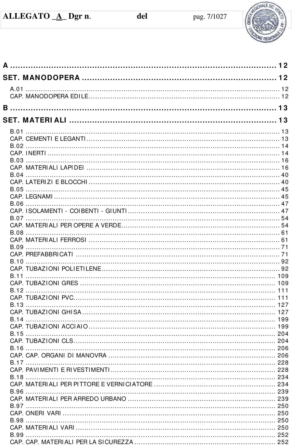 MATERIALI PER OPERE A VERDE... 54 B.08... 61 CAP. MATERIALI FERROSI... 61 B.09... 71 CAP. PREFABBRICATI... 71 B.10... 92 CAP. TUBAZIONI POLIETILENE... 92 B.11... 109 CAP. TUBAZIONI GRES... 109 B.12.