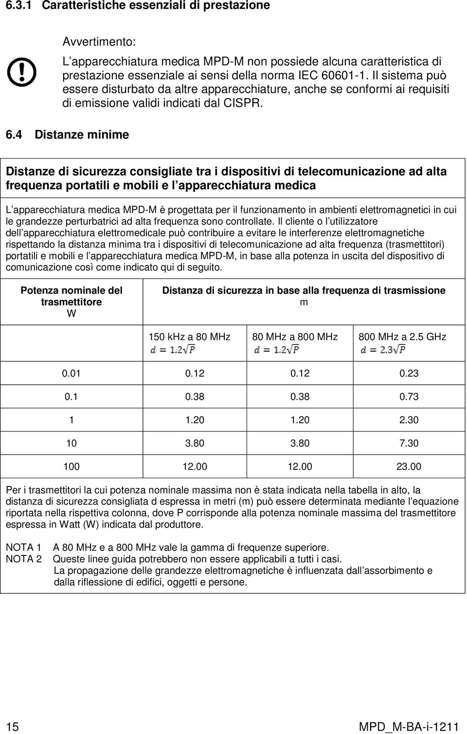 4 Distanze minime Distanze di sicurezza consigliate tra i dispositivi di telecomunicazione ad alta frequenza portatili e mobili e l apparecchiatura medica L apparecchiatura medica MPD-M è progettata