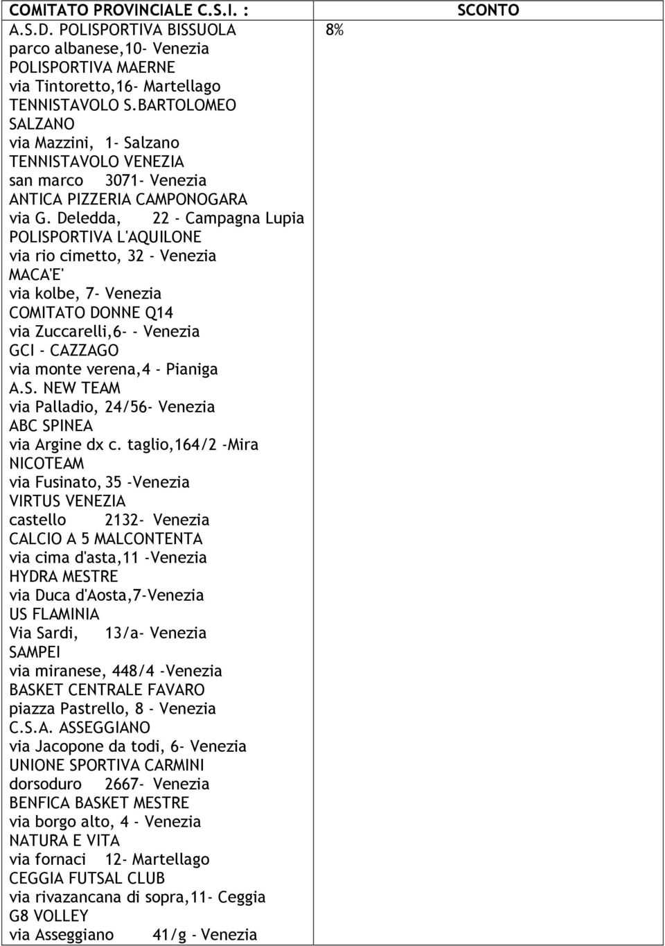 Deledda, 22 - Campagna Lupia POLISPORTIVA L'AQUILONE via rio cimetto, 32 - MACA'E' via kolbe, 7- COMITATO DONNE Q14 via Zuccarelli,6- - GCI - CAZZAGO via monte verena,4 - Pianiga A.S. NEW TEAM via Palladio, 24/56- ABC SPINEA via Argine dx c.