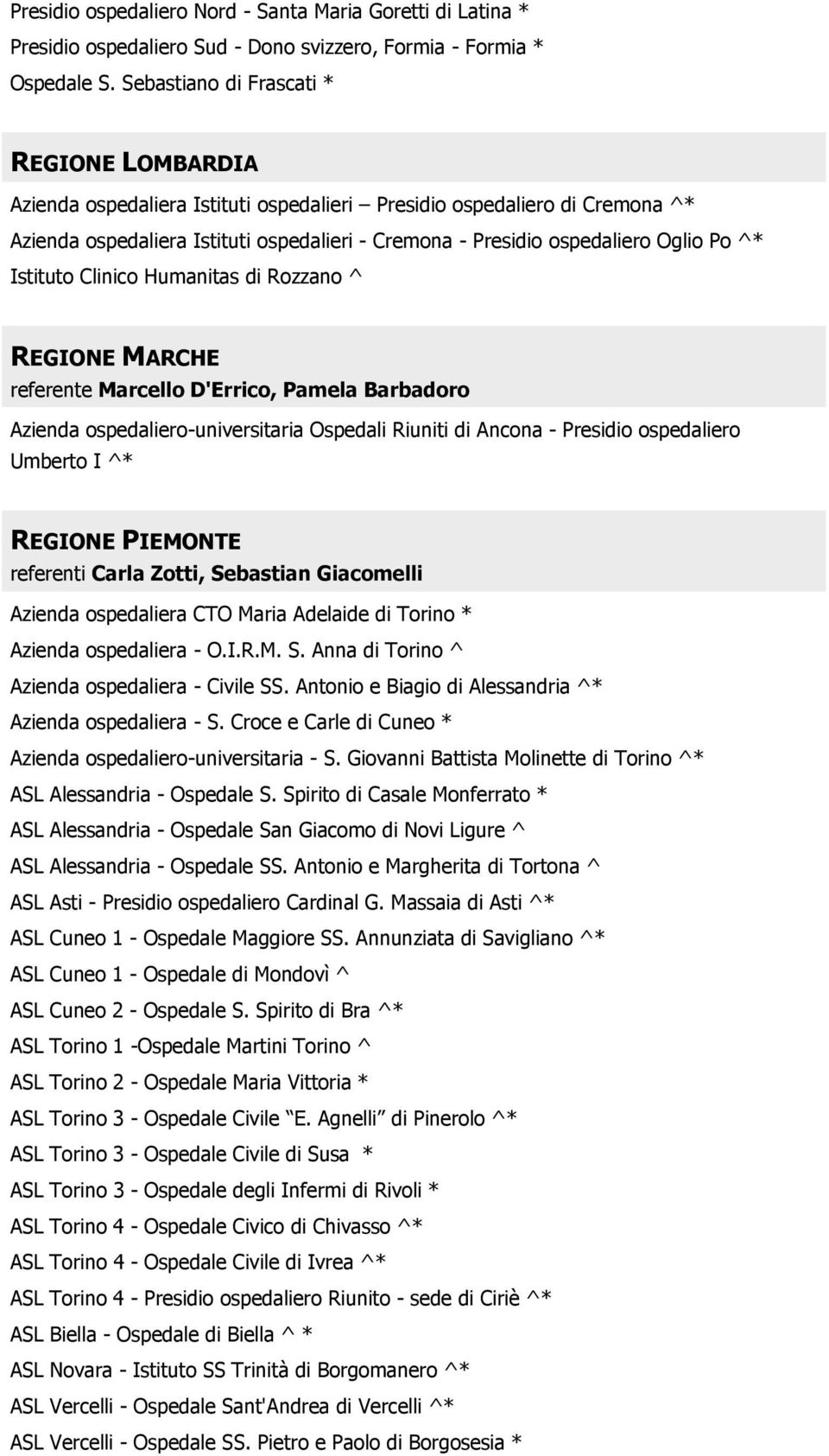 Po ^* Istituto Clinico Humanitas di Rozzano ^ REGIONE MARCHE referente Marcello D'Errico, Pamela Barbadoro Azienda ospedaliero-universitaria Ospedali Riuniti di Ancona - Presidio ospedaliero Umberto