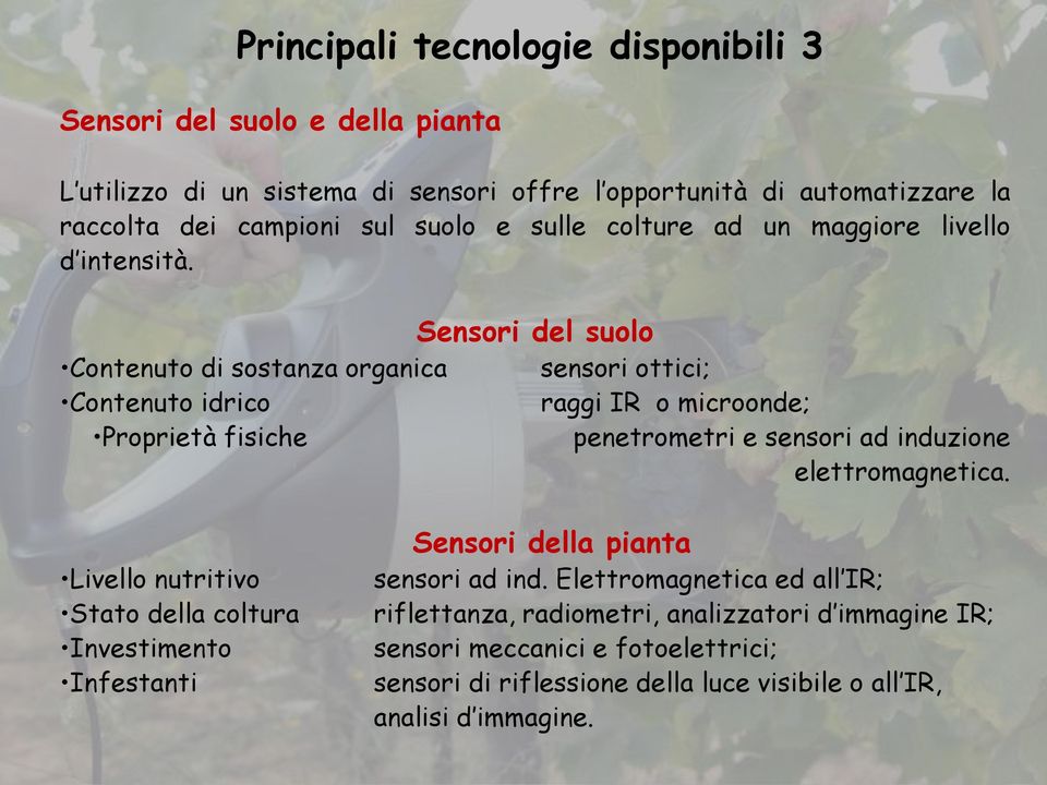 Contenuto di sostanza organica Contenuto idrico Proprietà fisiche Sensori del suolo sensori ottici; raggi IR o microonde; penetrometri e sensori ad induzione