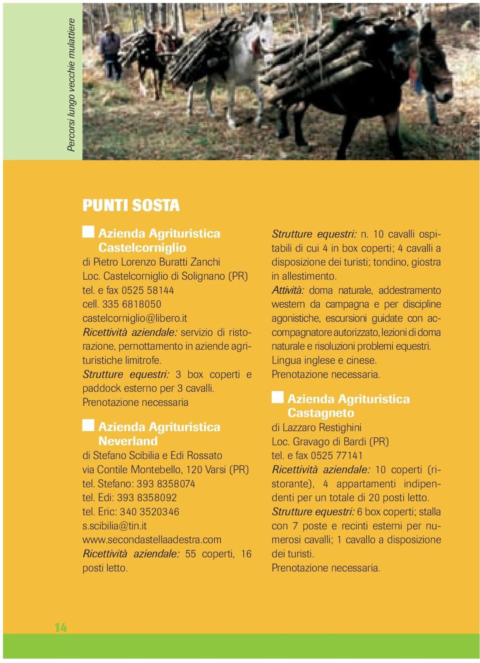 Strutture equestri: 3 box coperti e paddock esterno per 3 cavalli. Prenotazione necessaria Azienda Agrituristica Neverland di Stefano Scibilia e Edi Rossato via Contile Montebello, 120 Varsi (PR) tel.