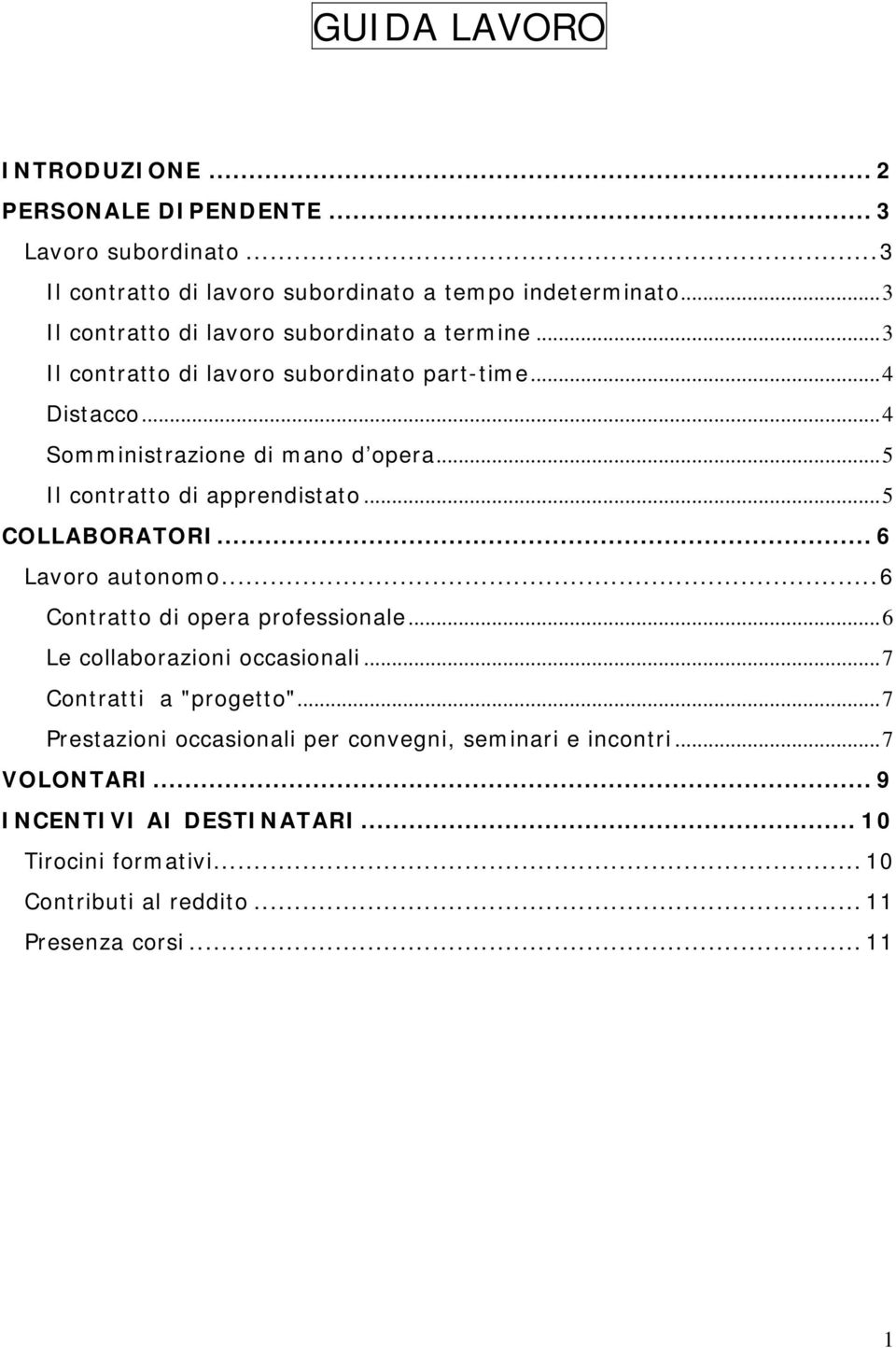 ..5 Il contratto di apprendistato...5 COLLABORATORI... 6 Lavoro autonomo...6 Contratto di opera professionale...6 Le collaborazioni occasionali.