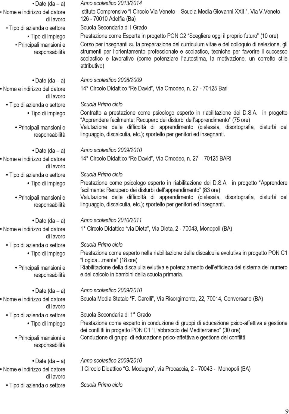 vitae e del colloquio di selezione, gli strumenti per l orientamento professionale e scolastico, tecniche per favorire il successo scolastico e lavorativo (come potenziare l autostima, la