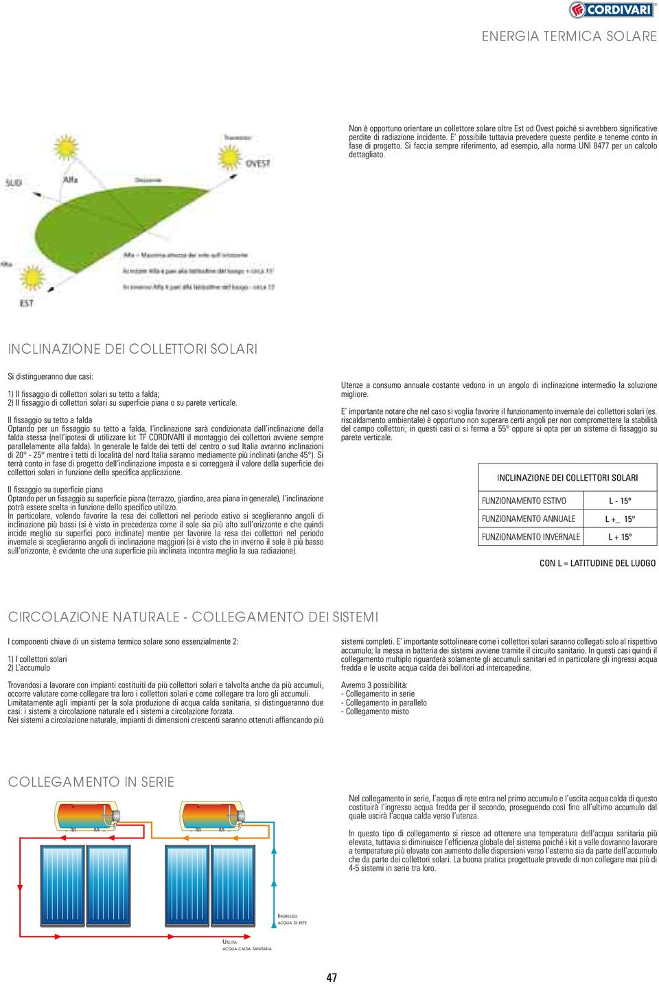 INCLINAZIONE DEI COLLETTORI SOLARI Si distingueranno due casi: 1) Il fi ssaggio di collettori solari su tetto a falda; ) Il fi ssaggio di collettori solari su superfi cie piana o su parete verticale.