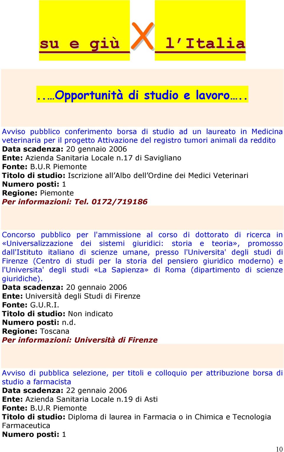 Sanitaria Locale n.17 di Savigliano Fonte: B.U.R Piemonte Titolo di studio: Iscrizione all Albo dell Ordine dei Medici Veterinari Numero posti: 1 Regione: Piemonte Per informazioni: Tel.