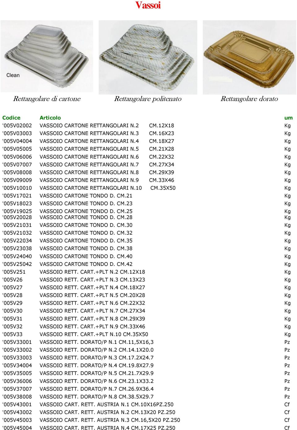 22X32 Kg '005V07007 VASSOIO CARTONE RETTANGOLARI N.7 CM.27X34 Kg '005V08008 VASSOIO CARTONE RETTANGOLARI N.8 CM.29X39 Kg '005V09009 VASSOIO CARTONE RETTANGOLARI N.9 CM.