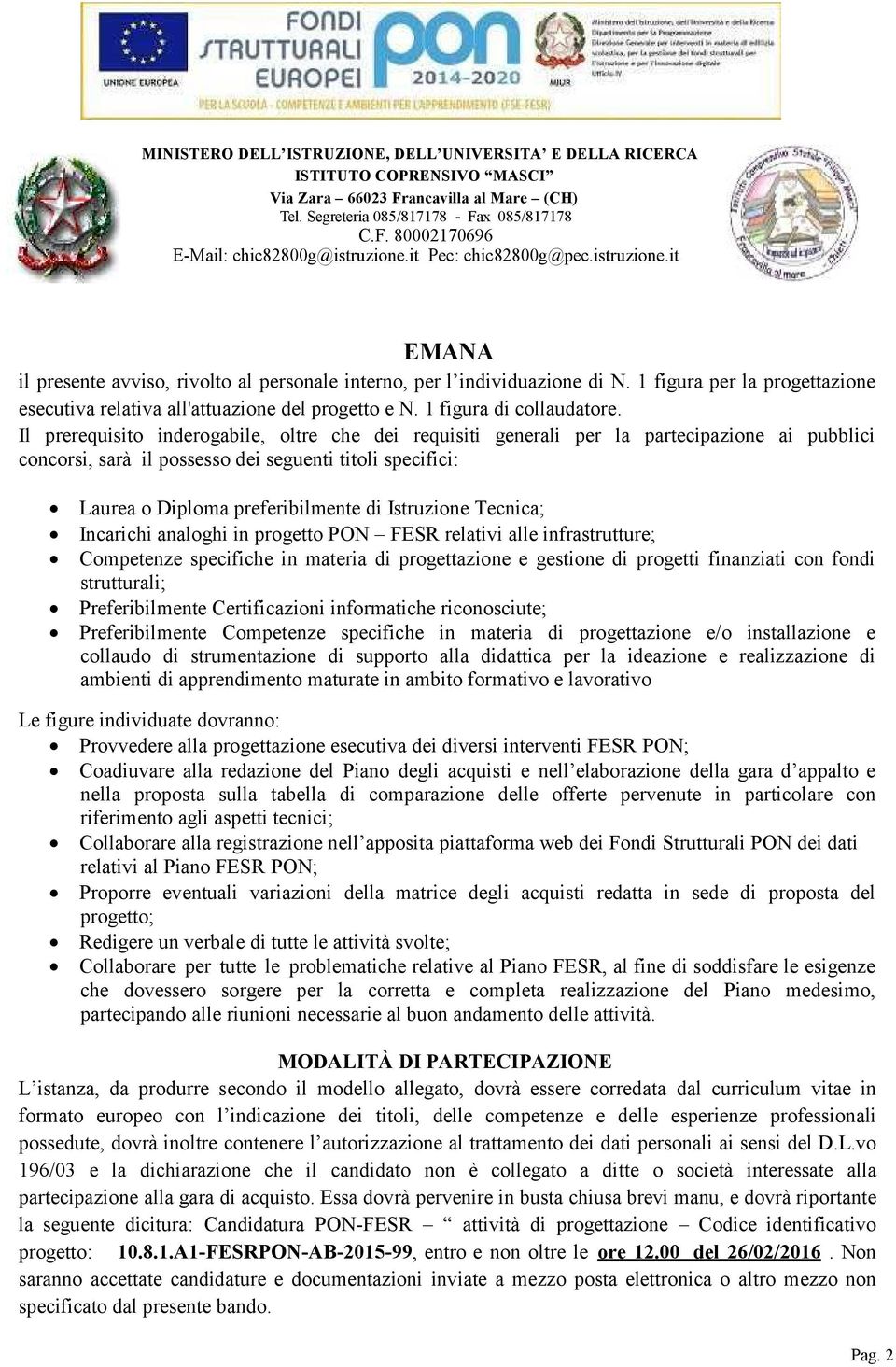 Istruzione Tecnica; Incarichi analoghi in progetto PON FESR relativi alle infrastrutture; Competenze specifiche in materia di progettazione e gestione di progetti finanziati con fondi strutturali;