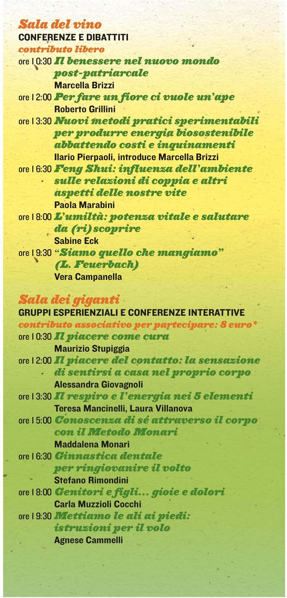 sulle relazioni di coppia e altri aspetti delle nostre vite Paola Marabini ore 1 8:00 L umiltà: potenza vitale e salutare da (ri)scoprire Sabine Eck ore 1 9:30 Siamo quello che mangiamo (L.