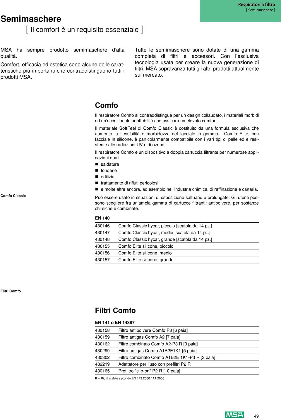 Tutte le semimaschere sono dotate di una gamma completa di filtri e accessori.