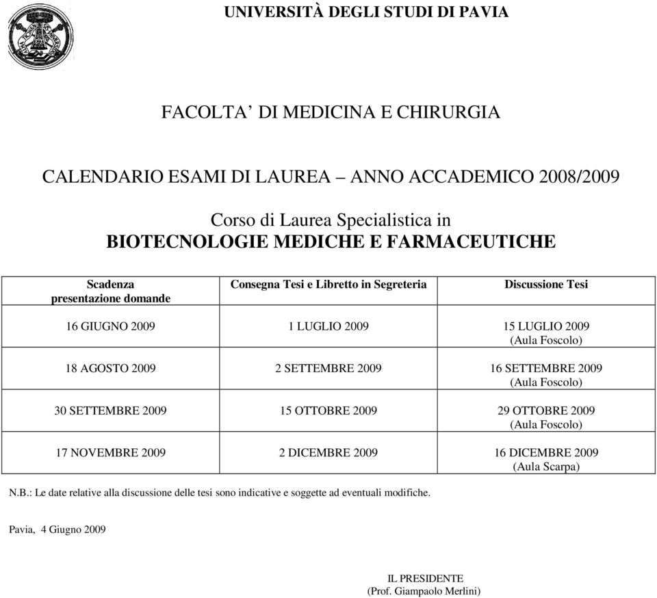 SETTEMBRE 2009 30 SETTEMBRE 2009 15 OTTOBRE 2009 29 OTTOBRE 2009 17 NOVEMBRE 2009 2 DICEMBRE 2009 16 DICEMBRE 2009 N.B.: Le date relative alla discussione delle tesi sono indicative e soggette ad eventuali modifiche.