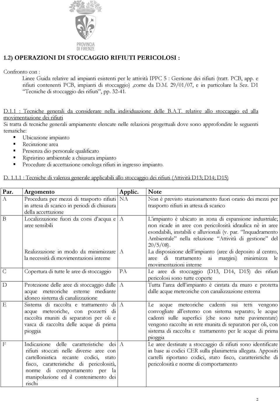 .T. relative allo stoccaggio ed alla movimentazione dei rifiuti Si tratta di tecniche generali ampiamente elencate nelle relazioni progettuali dove sono approfondite le seguenti tematiche: Ubicazione