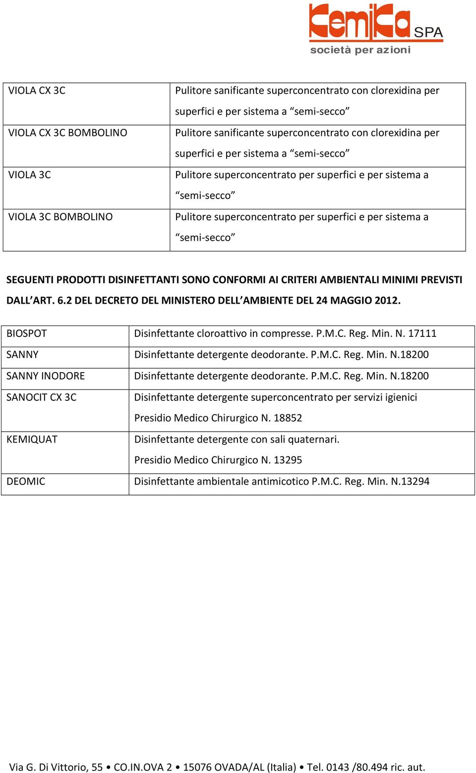 semi-secco SEGUENTI PRODOTTI DISINFETTANTI SONO CONFORMI AI CRITERI AMBIENTALI MINIMI PREVISTI DALL ART. 6.2 DEL DECRETO DEL MINISTERO DELL AMBIENTE DEL 24 MAGGIO 2012.