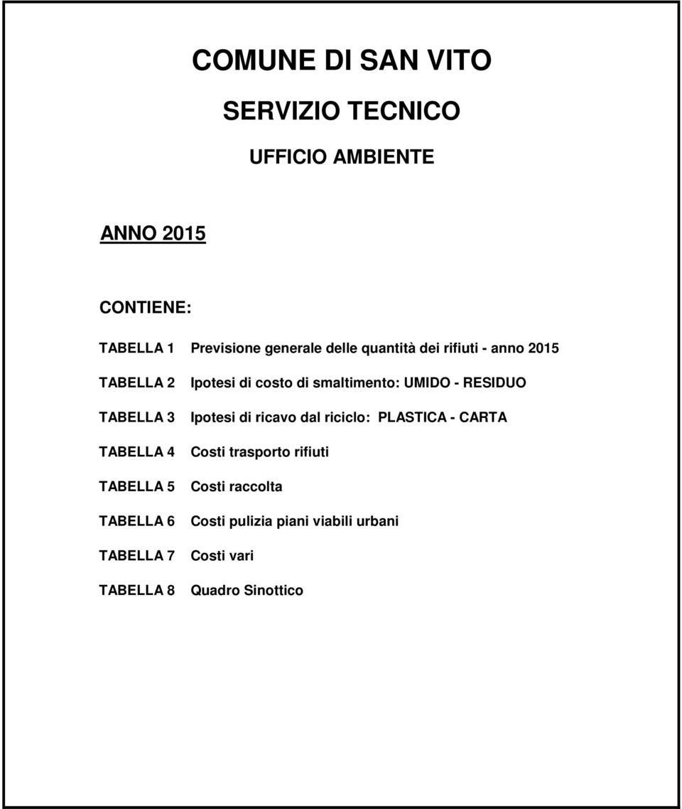 TABELLA 8 Ipotesi di costo di smaltimento: UMIDO - RESIDUO Ipotesi di ricavo dal riciclo: PLASTICA -