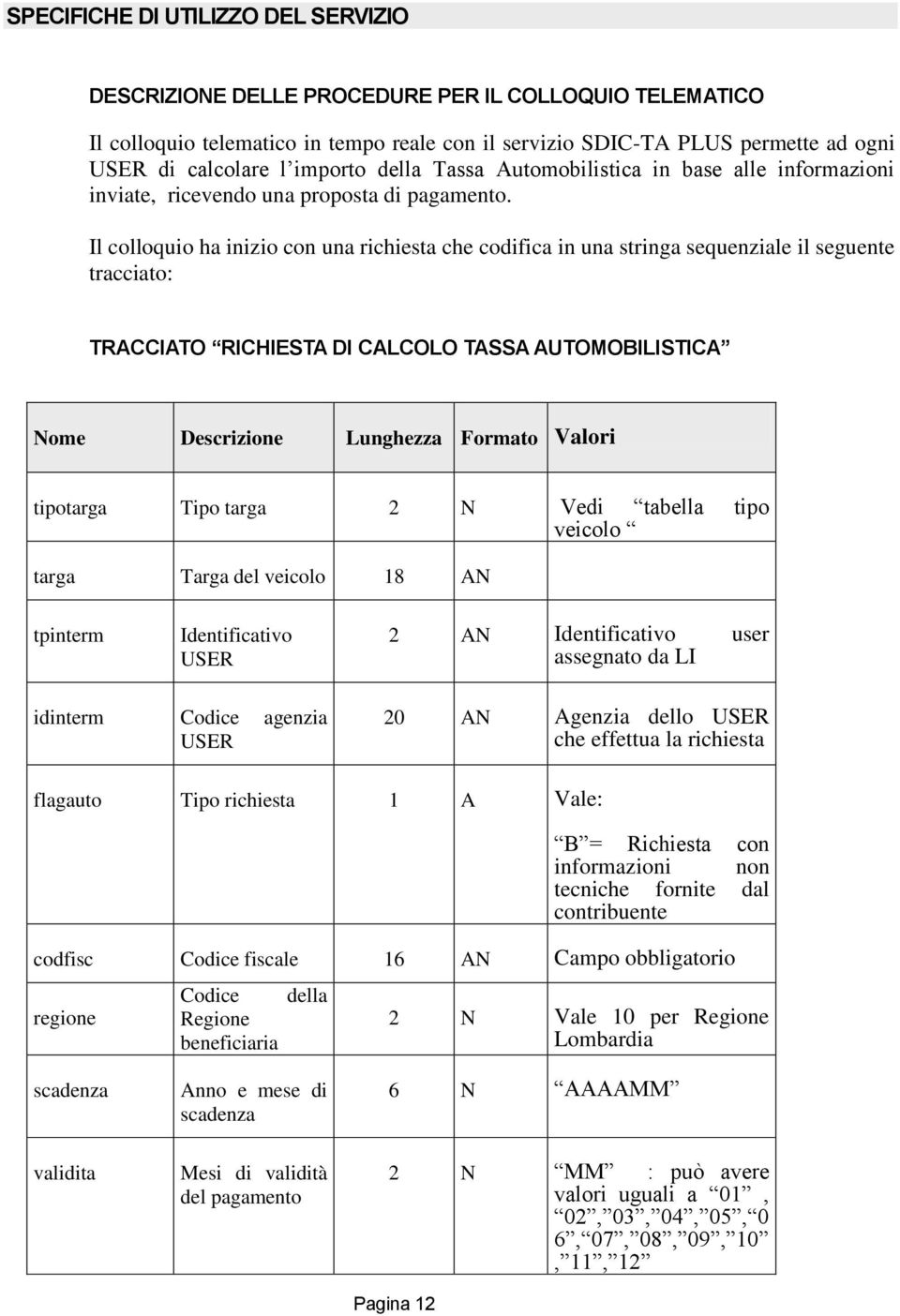 Il colloquio ha inizio con una richiesta che codifica in una stringa sequenziale il seguente tracciato: TRACCIATO RICHIESTA DI CALCOLO TASSA AUTOMOBILISTICA Nome Descrizione Lunghezza Formato Valori