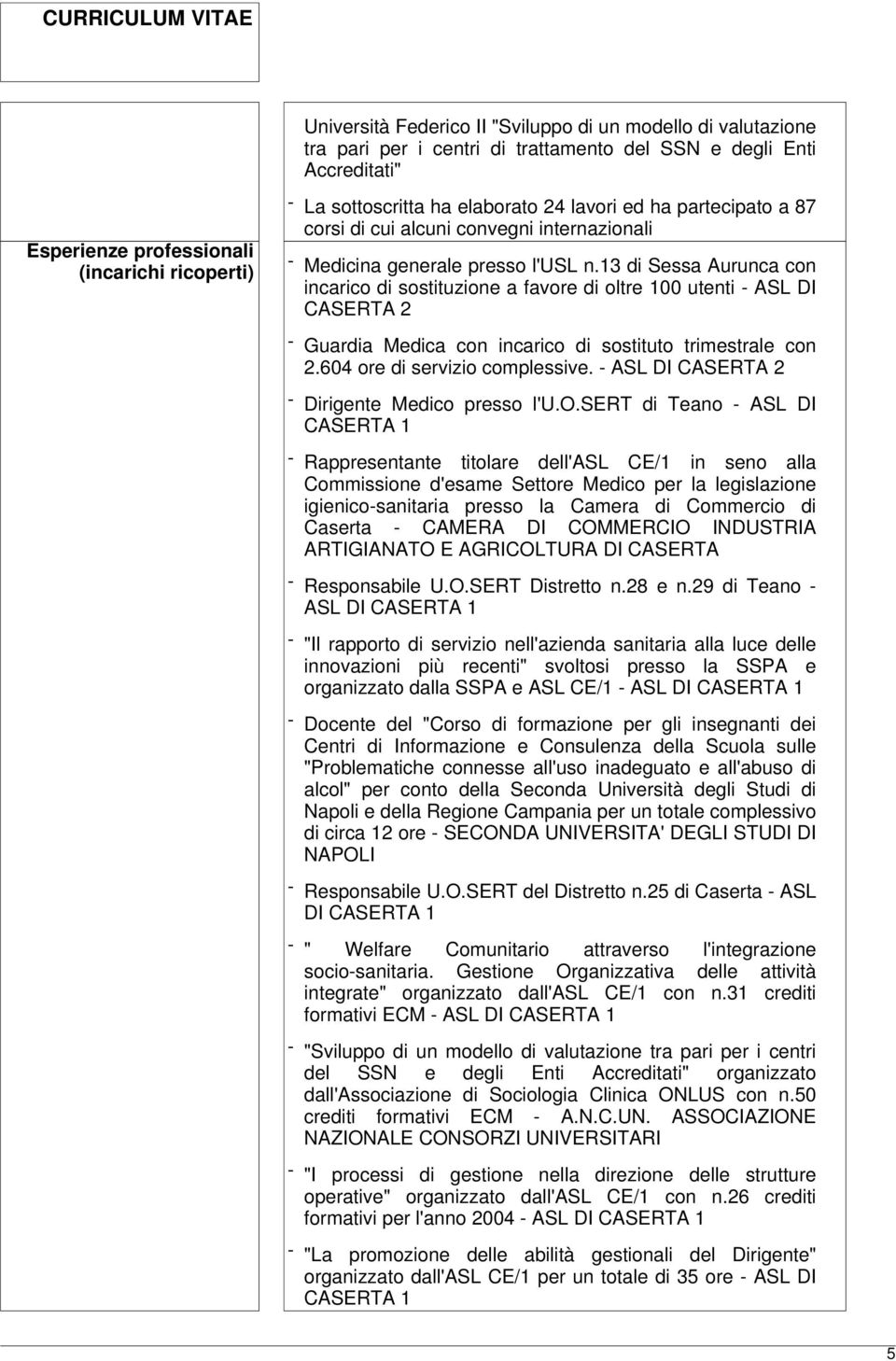 13 di Sessa Aurunca con incarico di sostituzione a favore di oltre 100 utenti - ASL DI CASERTA 2 - Guardia Medica con incarico di sostituto trimestrale con 2.604 ore di servizio complessive.