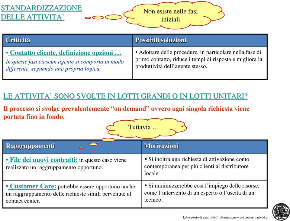 LE ATTIVITA SONO SVOLTE IN LOTTI GRANDI O IN LOTTI UNITARI? Il processo si svolge prevalentemente on demand ovvero ogni singola richiesta viene portata fino in fondo.