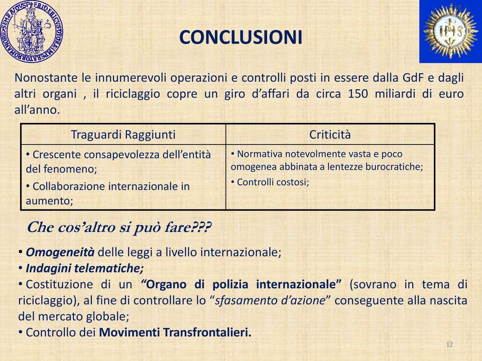 ?? Criticità Normativa notevolmente vasta e poco omogenea abbinata a lentezze burocratiche; Controlli costosi; Omogeneità delle leggi a livello internazionale; Indagini telematiche;