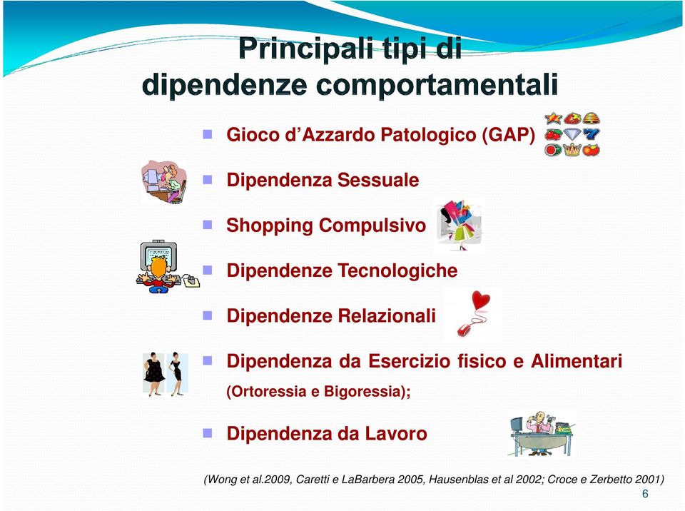 fisico e Alimentari (Ortoressia e Bigoressia); Dipendenza da Lavoro (Wong