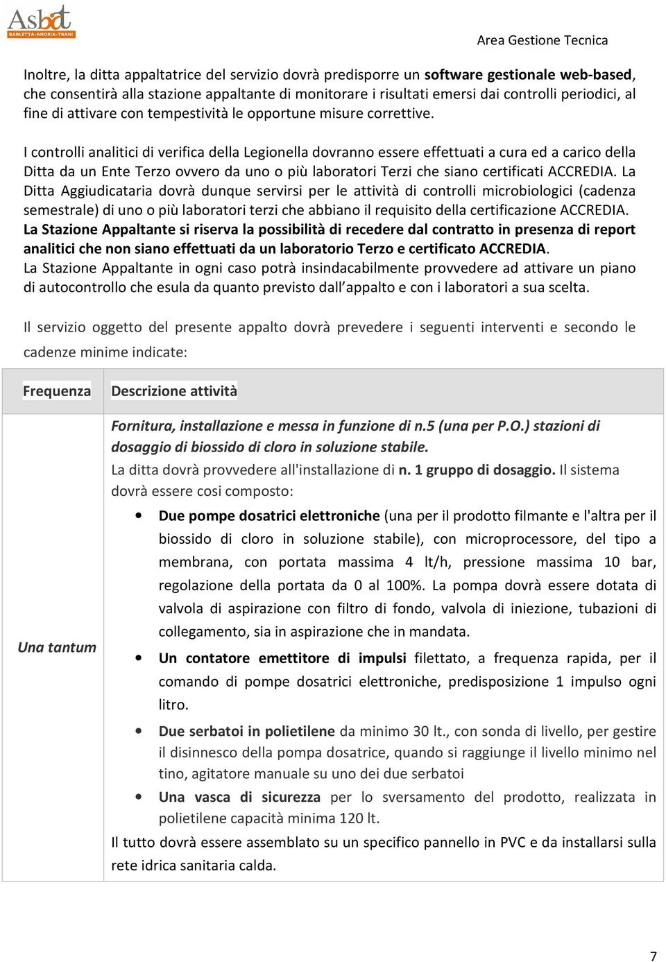 I controlli analitici di verifica della Legionella dovranno essere effettuati a cura ed a carico della Ditta da un Ente Terzo ovvero da uno o più laboratori Terzi che siano certificati ACCREDIA.