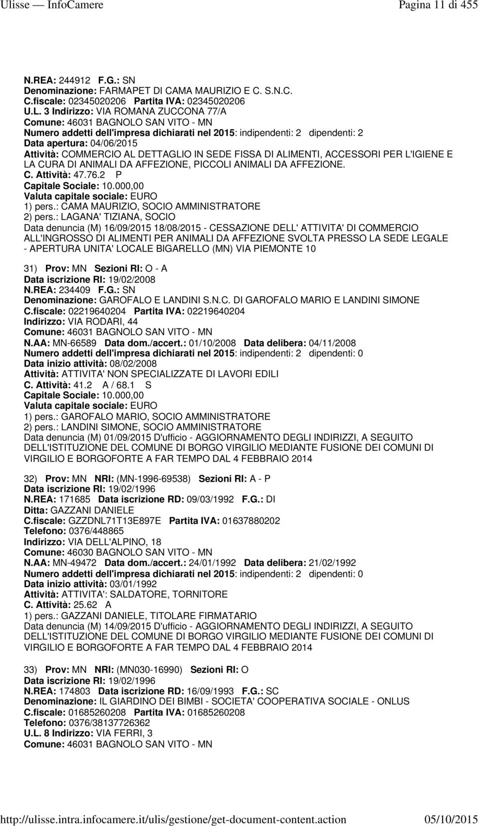 AL DETTAGLIO IN SEDE FISSA DI ALIMENTI, ACCESSORI PER L'IGIENE E LA CURA DI ANIMALI DA AFFEZIONE, PICCOLI ANIMALI DA AFFEZIONE. C. Attività: 47.76.2 P Capitale Sociale: 10.000,00 1) pers.