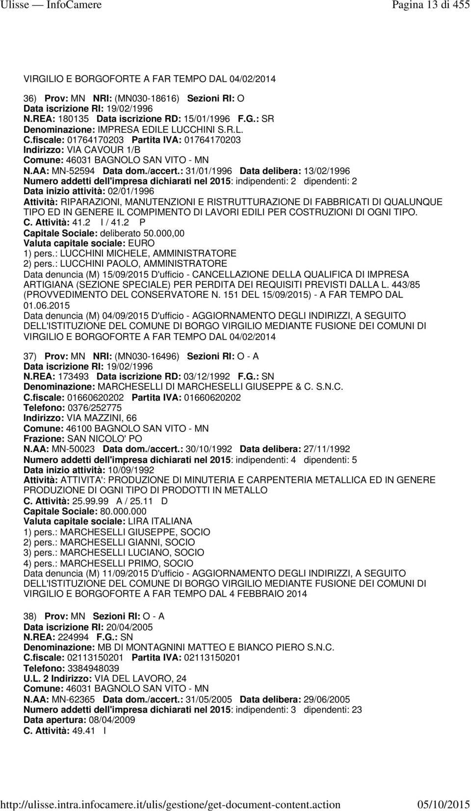 : 31/01/1996 Data delibera: 13/02/1996 Numero addetti dell'impresa dichiarati nel 2015: indipendenti: 2 dipendenti: 2 Data inizio attività: 02/01/1996 Attività: RIPARAZIONI, MANUTENZIONI E