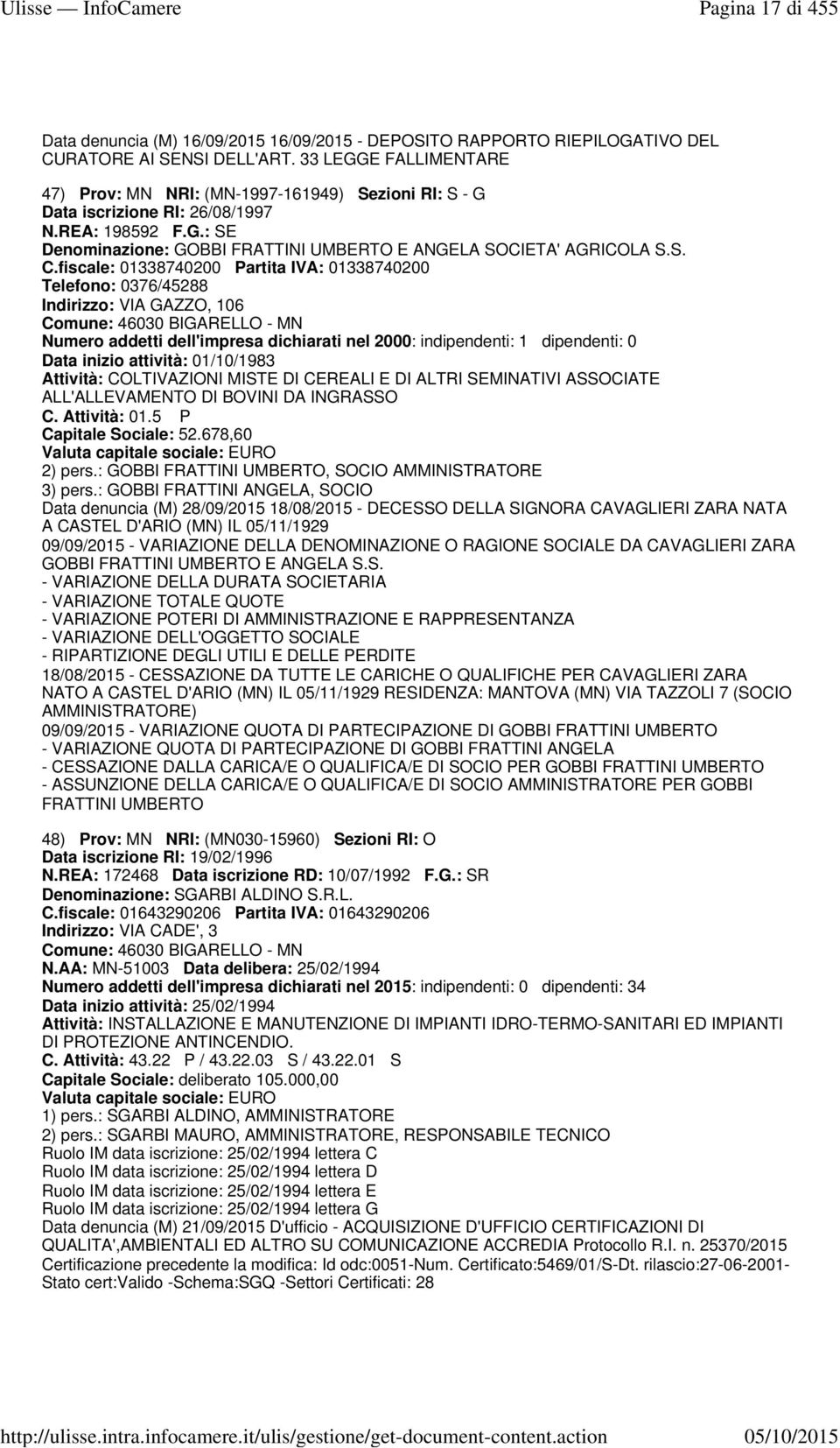 fiscale: 01338740200 Partita IVA: 01338740200 Telefono: 0376/45288 Indirizzo: VIA GAZZO, 106 Comune: 46030 BIGARELLO - MN Numero addetti dell'impresa dichiarati nel 2000: indipendenti: 1 dipendenti: