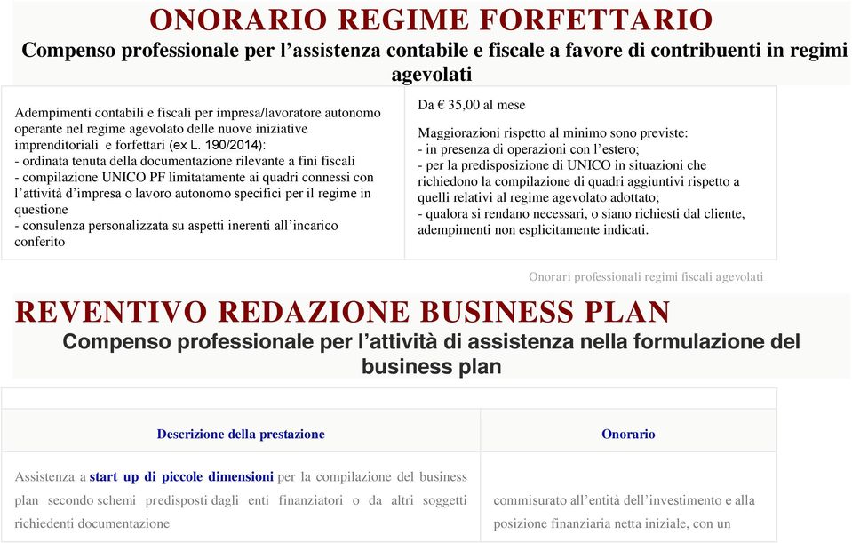 190/2014): - ordinata tenuta della documentazione rilevante a fini fiscali - compilazione UNICO PF limitatamente ai quadri connessi con l attività d impresa o lavoro autonomo specifici per il regime