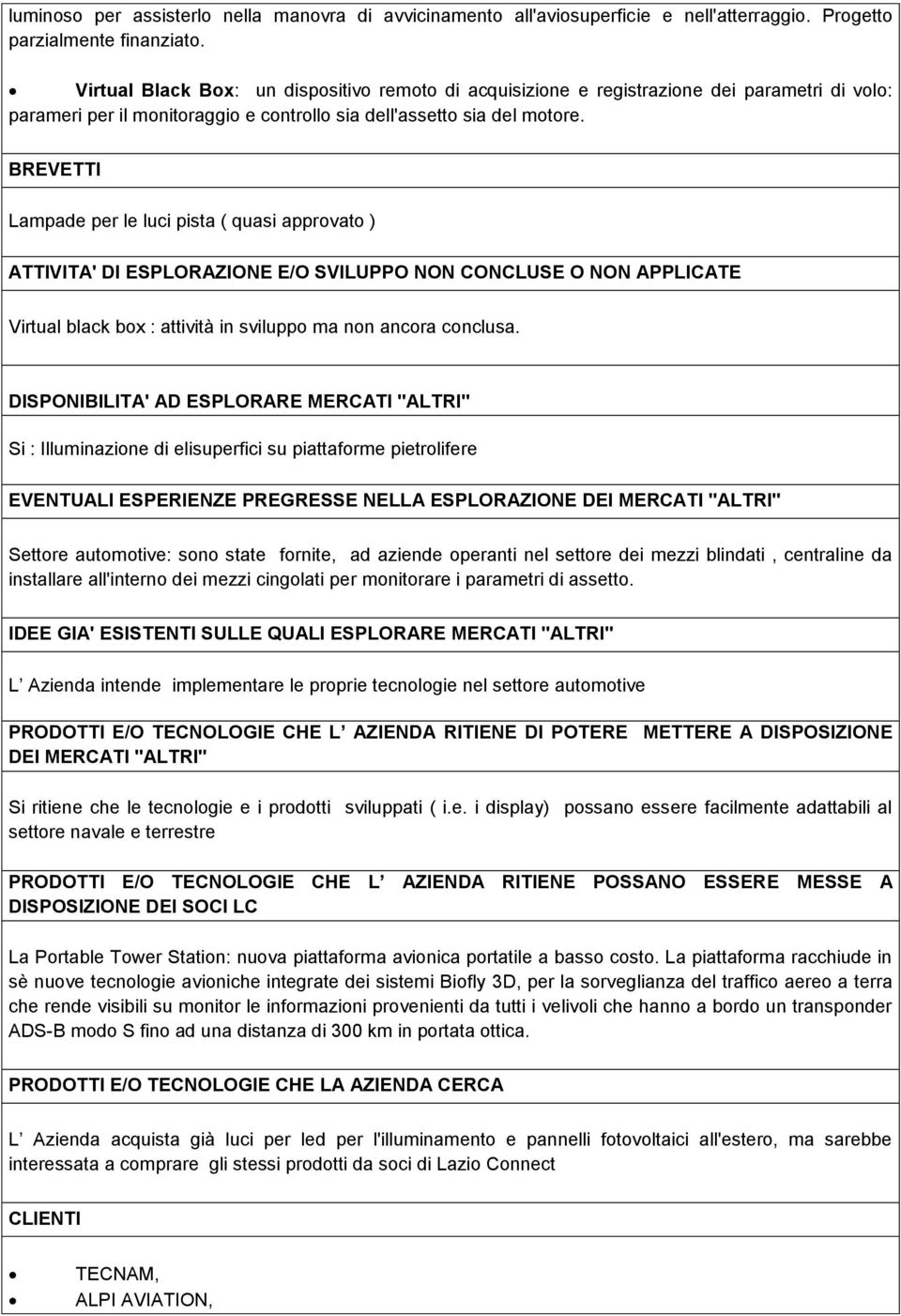 BREVETTI Lampade per le luci pista ( quasi approvato ) ATTIVITA' DI ESPLORAZIONE E/O SVILUPPO NON CONCLUSE O NON APPLICATE Virtual black box : attività in sviluppo ma non ancora conclusa.