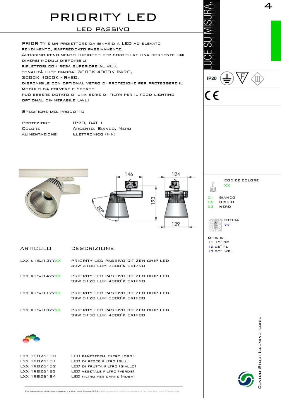 disponibile con optional vetro di protezione per proteggere il modulo da polvere e sporco può essere dotato di una serie di filtri per il food lighting optional dimmerabile DALI Specifiche del