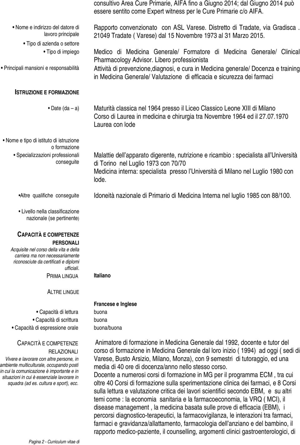 Distretto di Tradate, via Gradisca. 21049 Tradate ( Varese) dal 15 Novembre 1973 al 31 Marzo 2015. Medico di Medicina Generale/ Formatore di Medicina Generale/ Clinical Pharmacology Advisor.