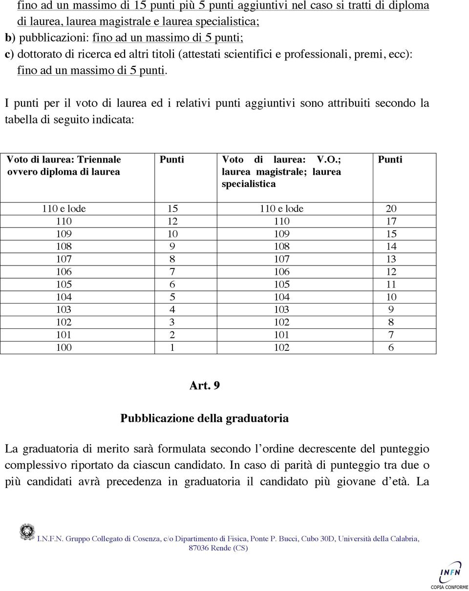 I punti per il voto di laurea ed i relativi punti aggiuntivi sono attribuiti secondo la tabella di seguito indicata: Voto di laurea: Triennale ovvero diploma di laurea Punti Voto di laurea: V.O.