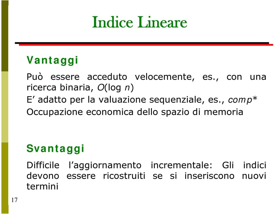 , comp* Occupazione economica dello spazio di memoria 17 Svantaggi Difficile l