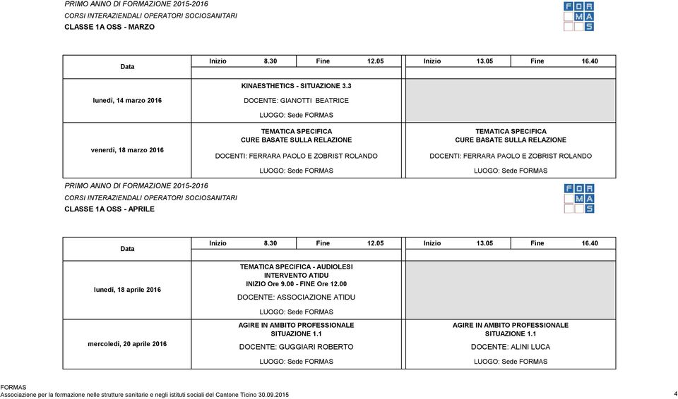 RELAZIONE DOCENTI: FERRARA PAOLO E ZOBRIST ROLANDO CLASSE 1A OSS - APRILE lunedì, 18 aprile 2016 - AUDIOLESI INTERVENTO ATIDU INIZIO Ore 9.00 - FINE Ore 12.