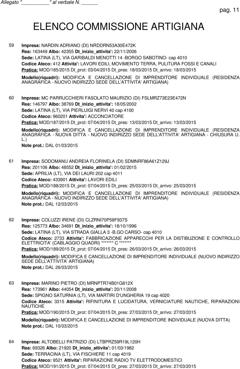 DI IMPRENDITORE INDIVIDUALE (RESIDENZA ANAGRAFICA - NUOVO INDIRIZZO SEDE DELL'ATTIVITA' ARTIGIANA) 60 Impresa: MC PARRUCCHIERI FASOLATO MAURIZIO (DI) FSLMRZ73E23E472N Rea: 146797 Albo: 38769