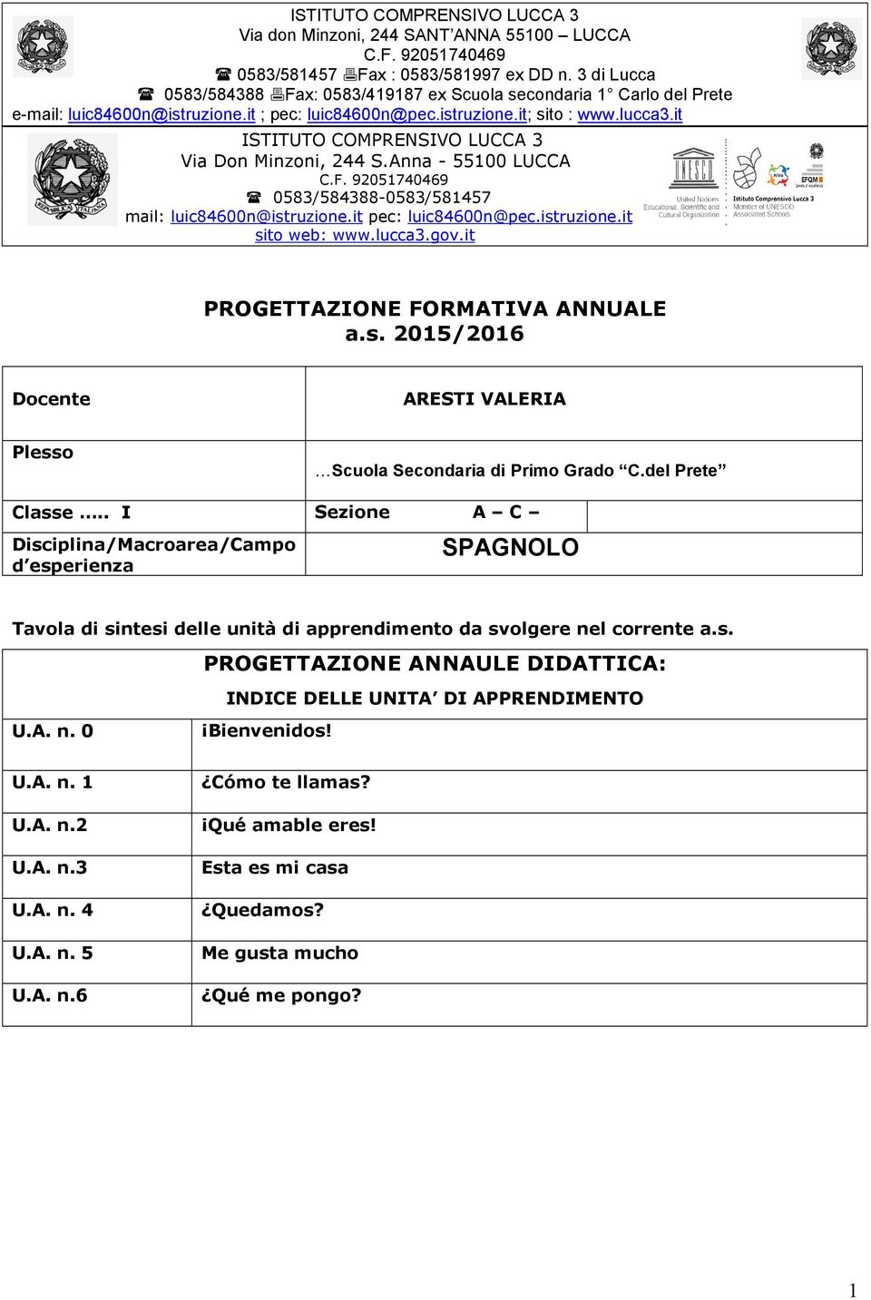 . I Sezione A C Disciplina/Macroarea/Campo d esperienza SPAGNOLO Tavola di sintesi delle unità di apprendimento da svolgere nel corrente a.s. PROGETTAZIONE ANNAULE DIDATTICA: INDICE DELLE UNITA DI APPRENDIMENTO U.