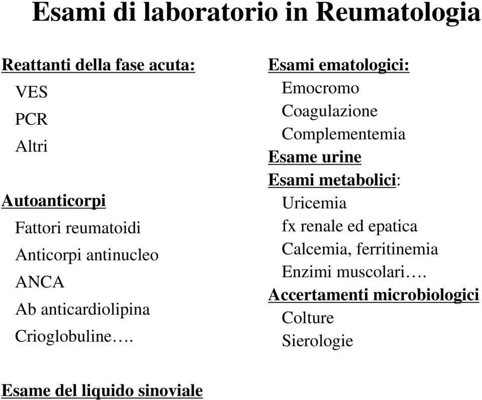 Esami ematologici: Emocromo Coagulazione Complementemia Esame urine Esami metabolici: Uricemia fx