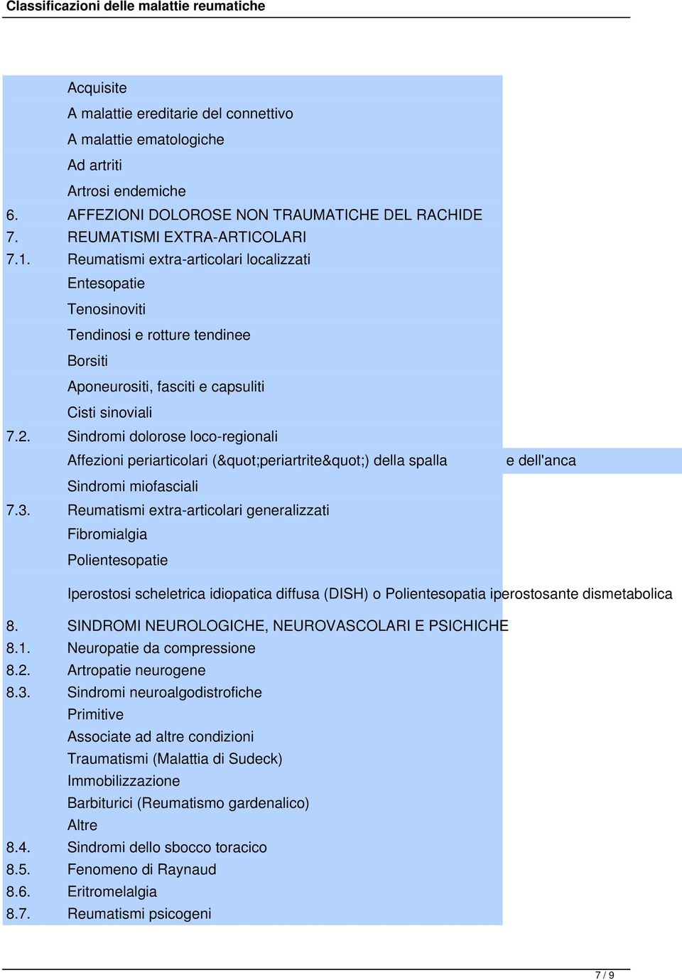 Sindromi dolorose loco-regionali Affezioni periarticolari ("periartrite") della spalla Sindromi miofasciali 7.3.