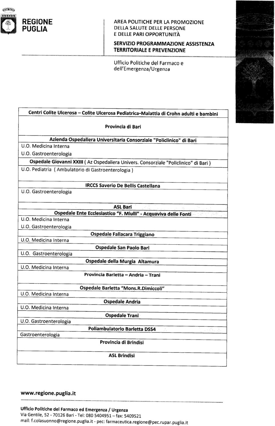 Miulli". Acquaviva delle Fonti Ospedale Fallacara Triggiano Ospedale San Paolo Bari Ospedale della Murgia Altamura Barletta - Andria - Trani Gastroenterologia Ospedale Barletta "Mons.R.