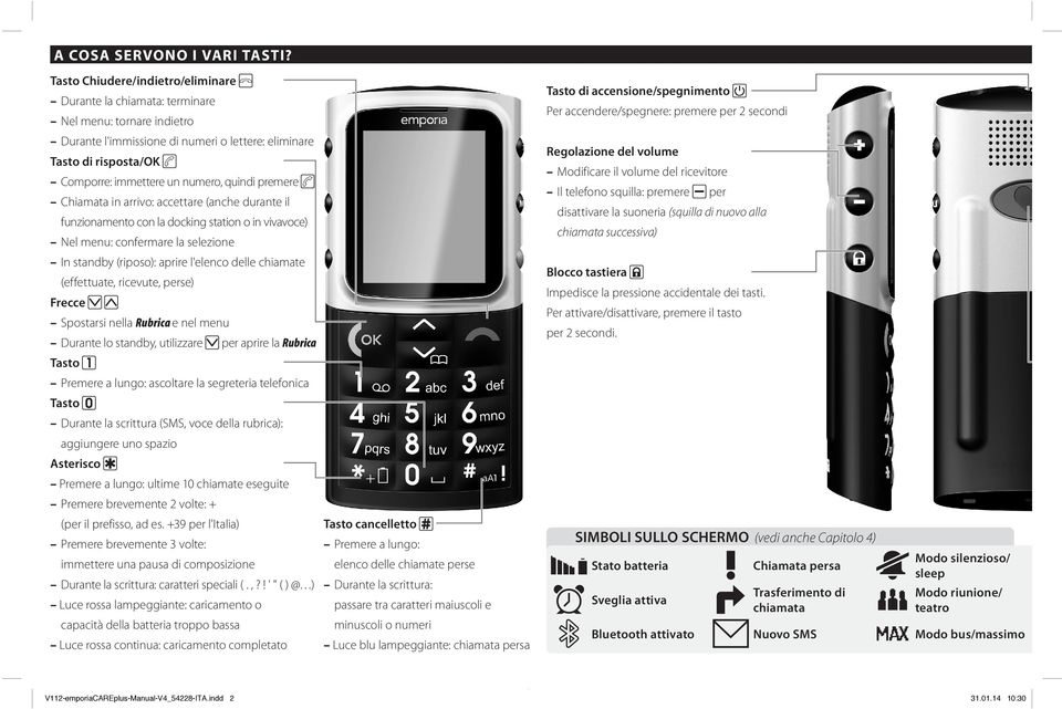 numeri o lettere: eliminare Regolazione del volume Tasto di risposta/ok Modificare il volume del ricevitore Comporre: immettere un numero, quindi premere Il telefono squilla: premere Chiamata in