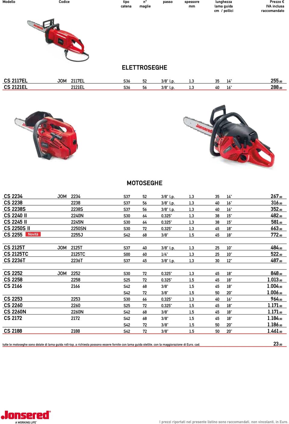 p. 1,3 40 16" S30 64 0,325" 1,3 38 15" S30 64 0,325" 1,3 38 15" S30 72 0,325" 1,3 45 18" S42 68 3/8" 1,5 45 18" 267,00 316,00 352,00 482,00 581,00 663,00 772,00 CS 2125T CS 2125TC CS 2236T JOM 2125T