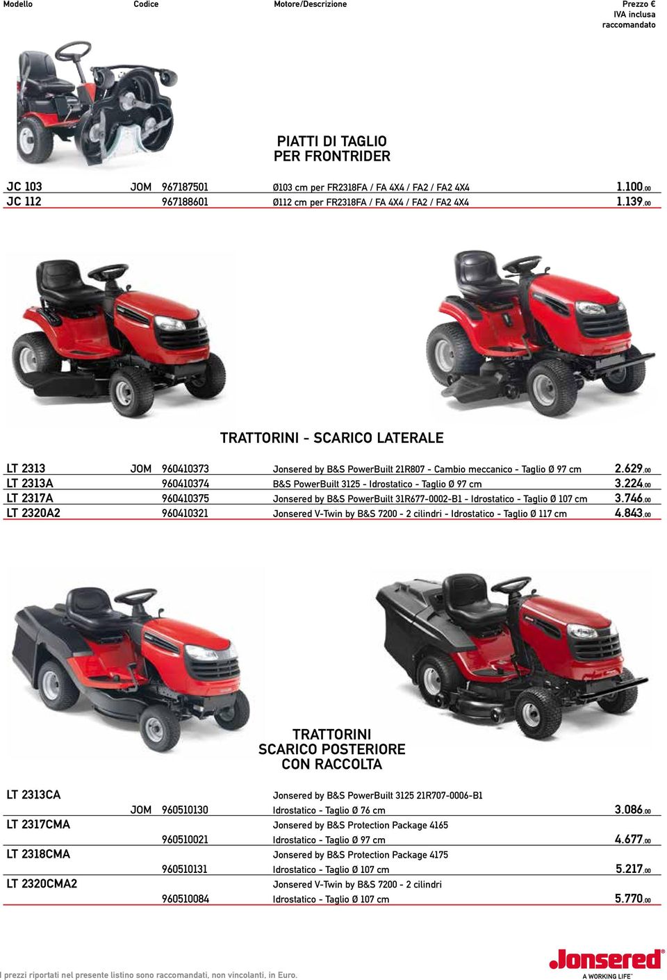 139,00 TRATTORINI - SCARICO LATERALE LT 2313 LT 2313A LT 2317A LT 2320A2 JOM 960410373 960410374 960410375 960410321 Jonsered by B&S PowerBuilt 21R807 - Cambio meccanico - Taglio Ø 97 cm B&S