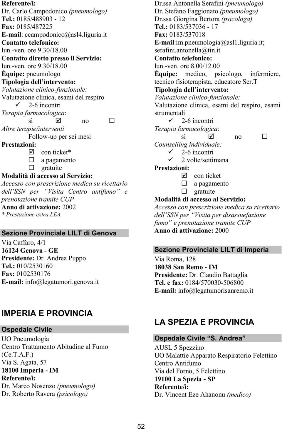 00 Équipe: pneumologo, esami del respiro Altre terapie/interventi Follow-up per sei mesi * dell SSN per Visita Centro antifumo e Anno di attivazione: 2002 * Prestazione extra LEA Sezione Provinciale