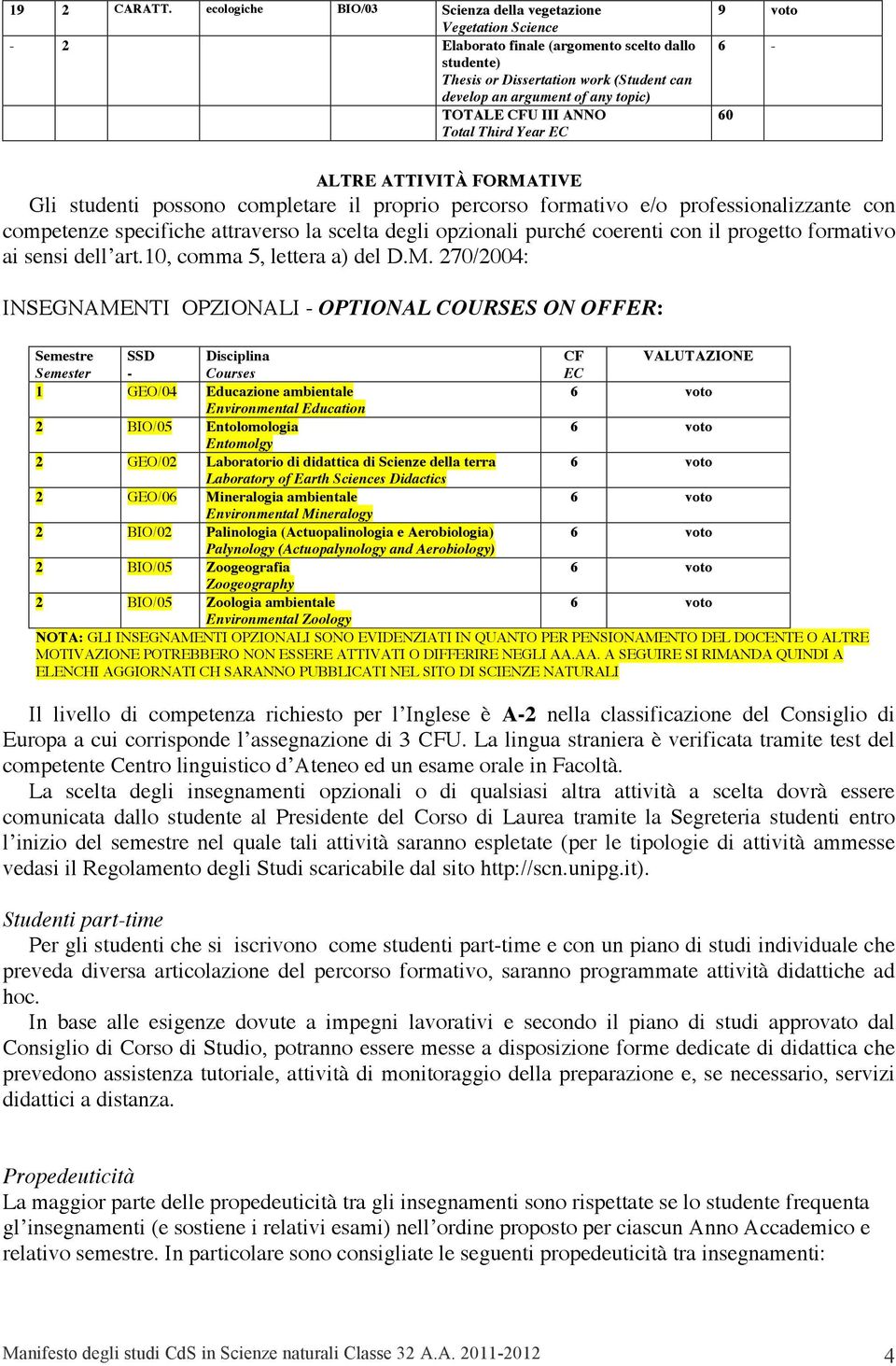 CFU III ANNO Total Third Year - 0 ALTRE ATTIVITÀ FORMATIVE Gli studenti possono completare il proprio percorso formativo e/o professionalizzante con competenze specifiche attraverso la scelta degli