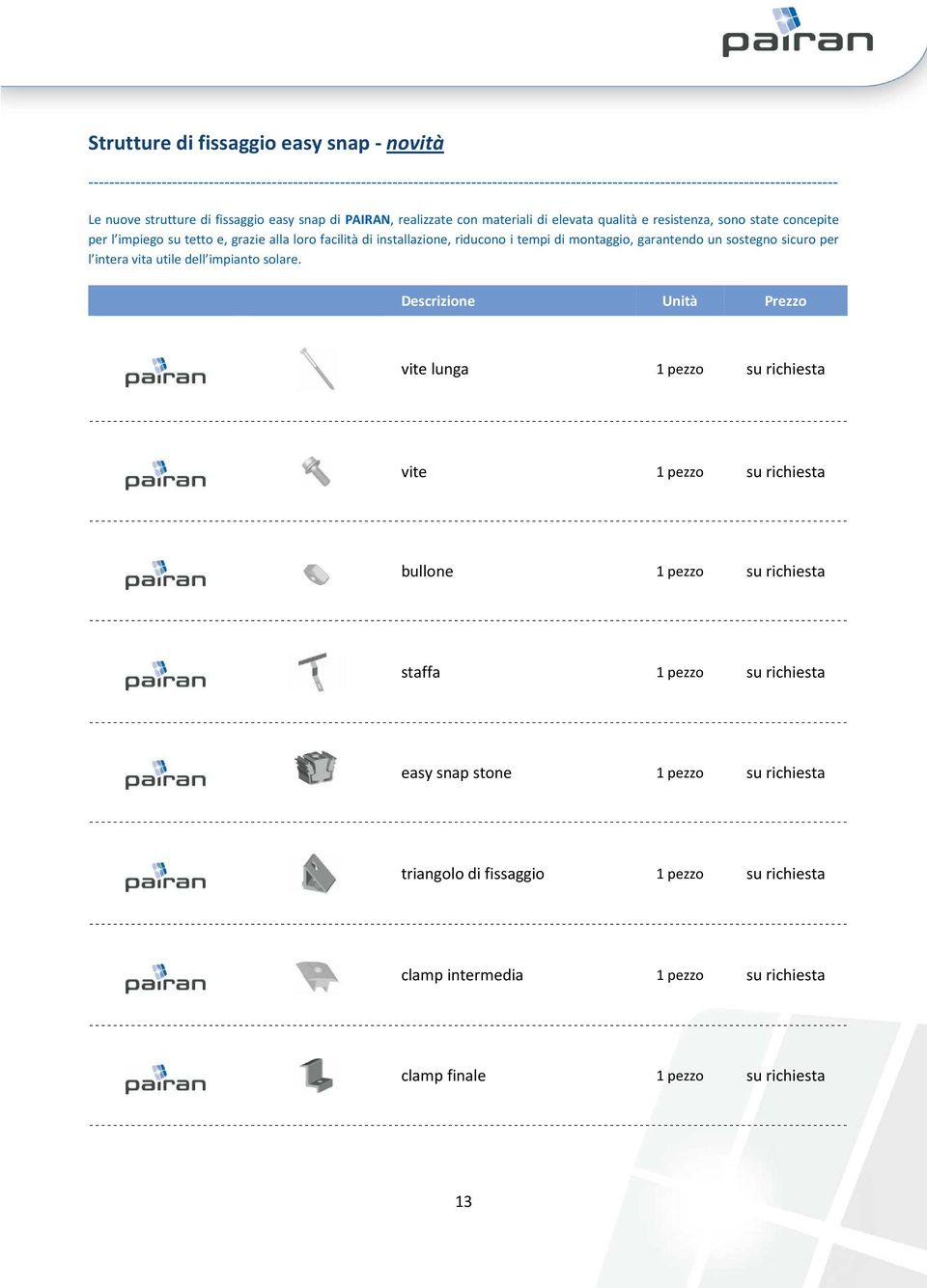 nuove strutture di fissaggio easy snap di PAIRAN, realizzate con materiali di elevata qualità e resistenza, sono state concepite per l impiego su
