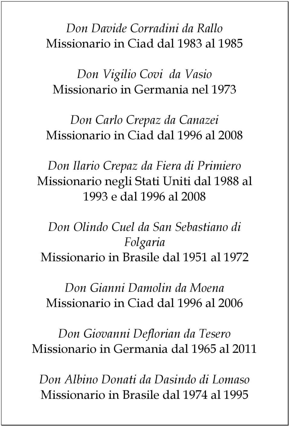 Don Olindo Cuel da San Sebastiano di Folgaria Missionario in Brasile dal 1951 al 1972 Don Gianni Damolin da Moena Missionario in Ciad dal 1996 al