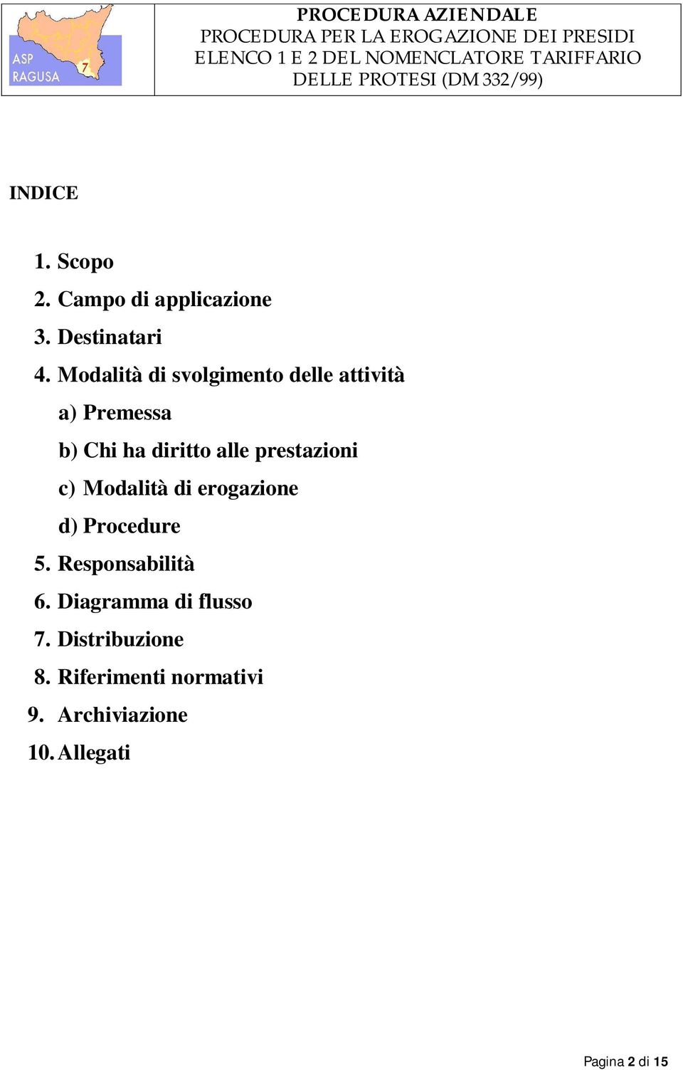 prestazioni c) Modalità di erogazione d) Procedure 5. Responsabilità 6.