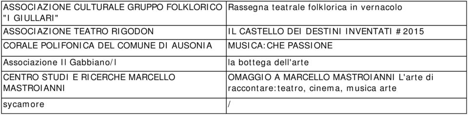 AUSONIA Associazione Il Gabbiano/l CENTRO STUDI E RICERCHE MARCELLO MASTROIANNI sycamore / MUSICA:CHE