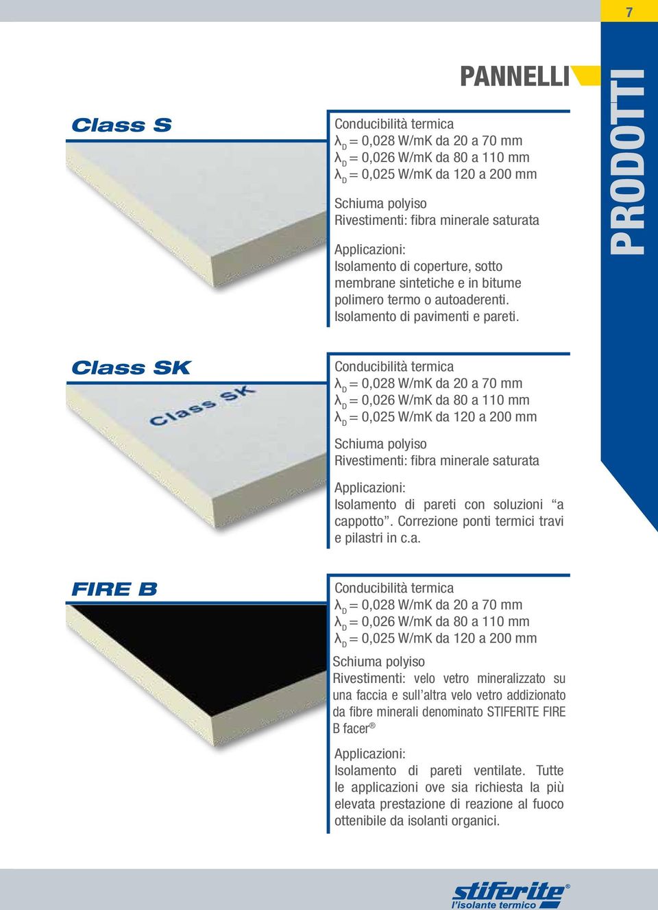 PRODOTTI Class SK Conducibilità termica = 0,028 W/mK da 20 a 70 mm = 0,026 W/mK da 80 a 110 mm = 0,025 W/mK da 120 a 200 mm Schiuma polyiso Rivestimenti: fibra minerale saturata Applicazioni: